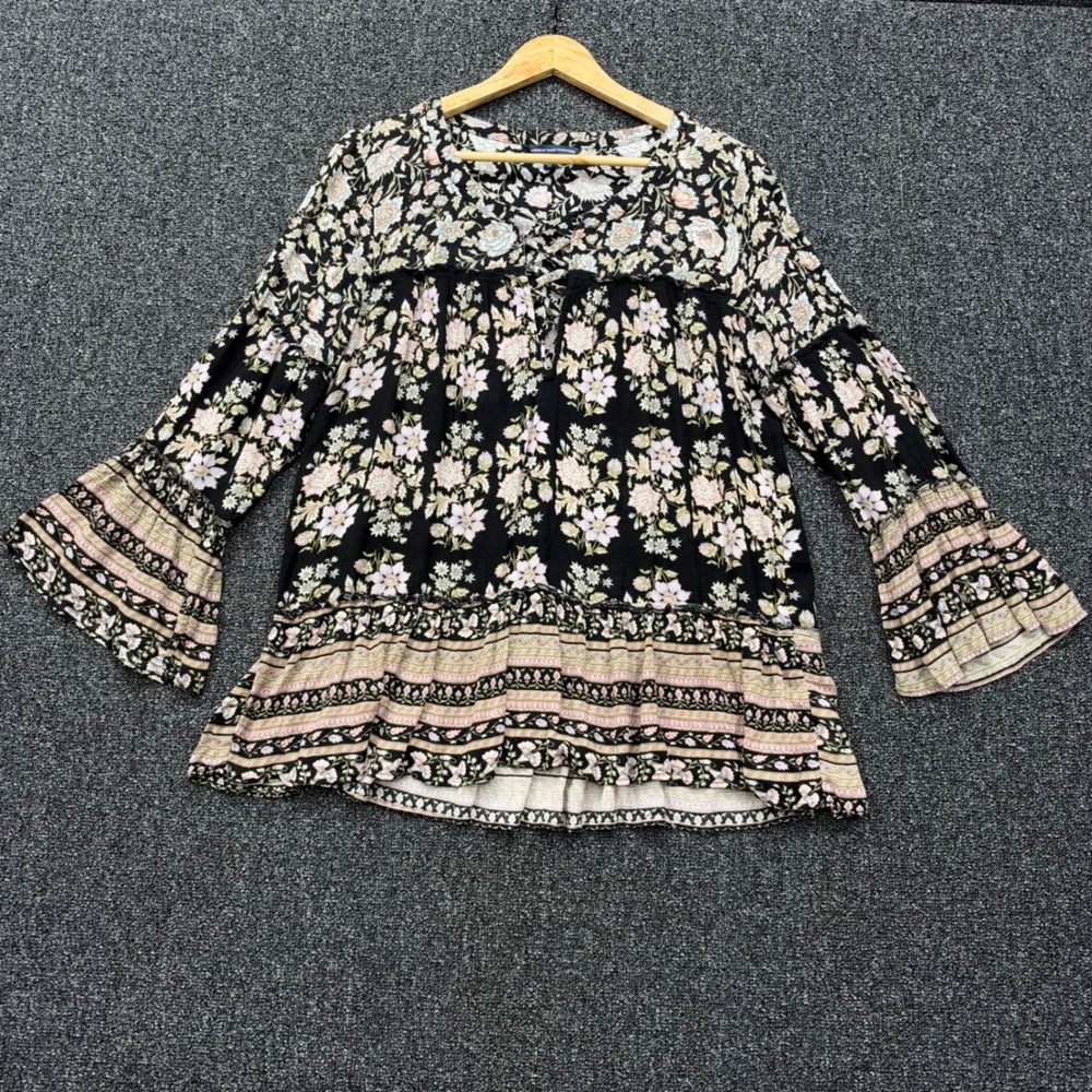 American Eagle Floral Lace Up Bell Sleeve Blouse Womens Size M Black boho flowy